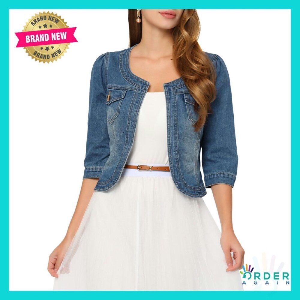 Collarless Denim Cardigan Jacket 3/4 Sleeve Crop Casual Chic Y2K Retro